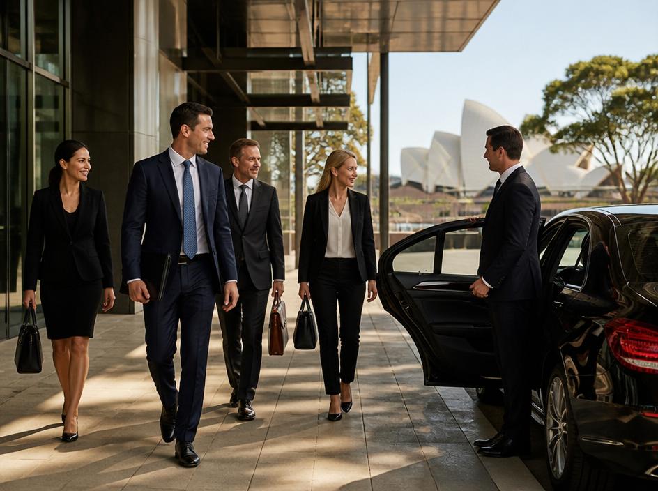 Corporate team approaching a chauffeured vehicle in Sydney CBD